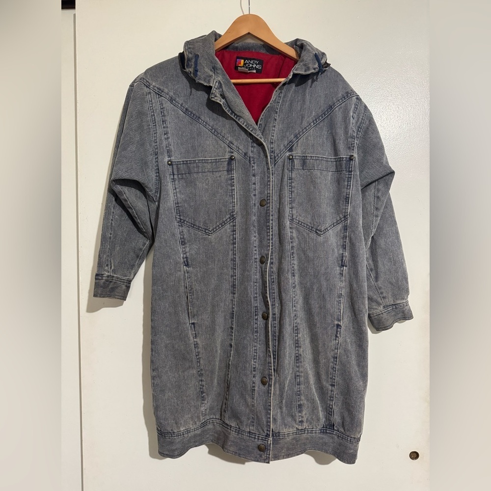 Andy John’s Vintage Railroad striped Denim Hooded longline Barn Coat Jacket M